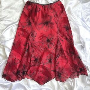 Bragada Red Black Floral Handkerchief Hem Midi Skirt Y2K Goth Romantic Size M